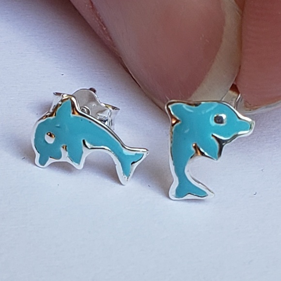 Dainty Sterling Silver Blue Enamel Dolphin Earring - Picture 3 of 7